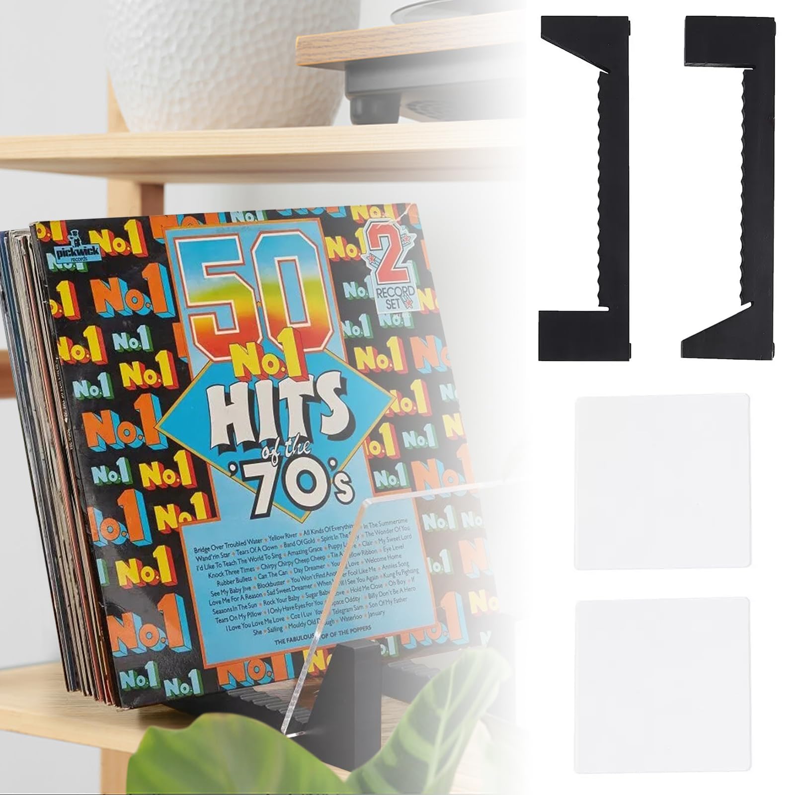 Winylowy organizer na płyty LP, płyta winylowa, stojak, przechowywanie do 50 albumów lub płyt CD, podstawa z litego drewna ze szkłem akrylowym, kolor czarny