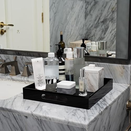 Miniatura 3 de Bandeja de servir de acrílico negro brillante con asas de 12 x 12 pulgadas, a prueba de derrames, bandejas decorativas para encimera para otomana,