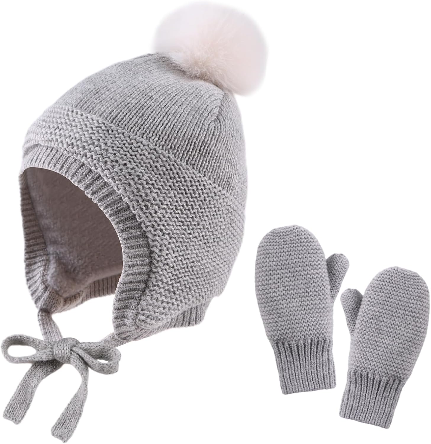Basic Winter Baby Beanie Gloves Boys Girls Knitted Hat Pompom Kids Earflap Hats Warm Infant Toddler Beanie Mittens Set