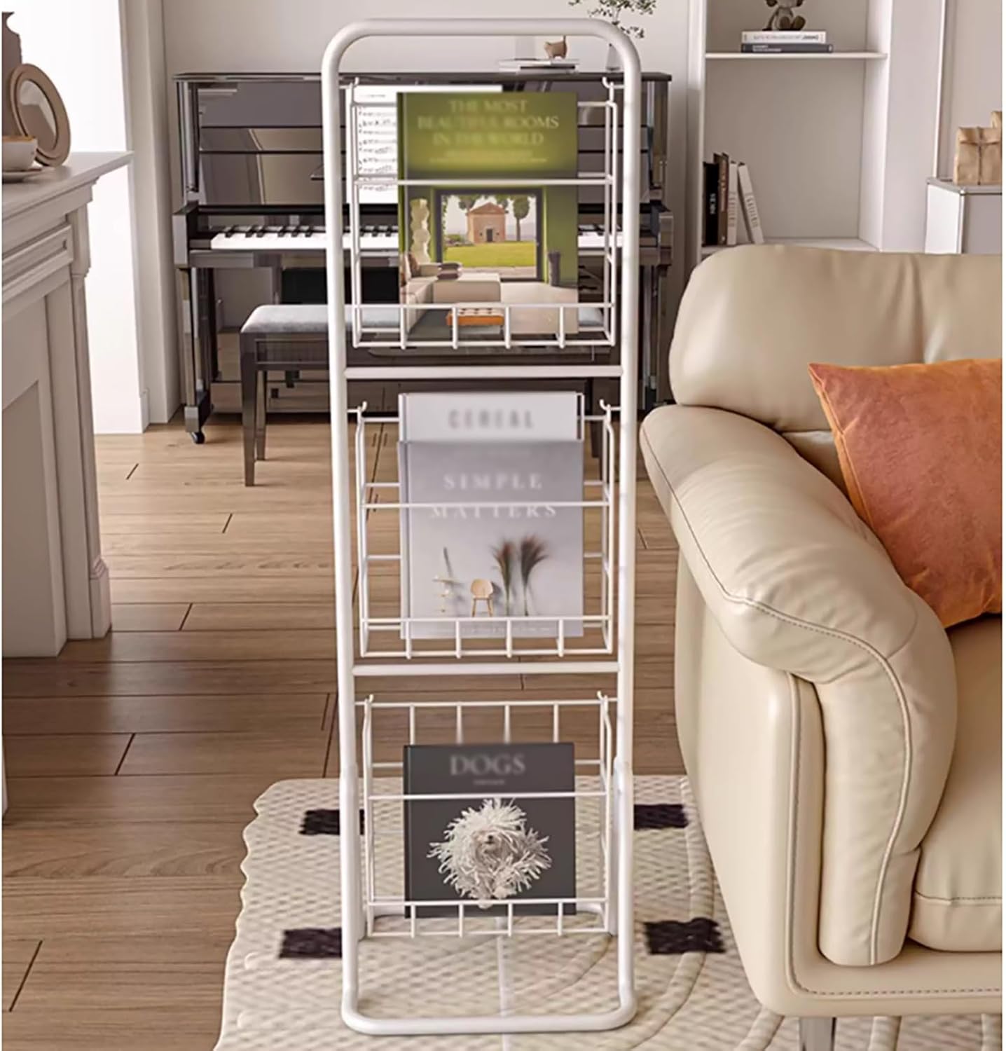 MObyat Modern 3-Tier Magazine Holder Literature Storage Rack, Space Saver FreeStanding Bookshelf Organizer Record Storage Rack, Home Decor Furniture(White)