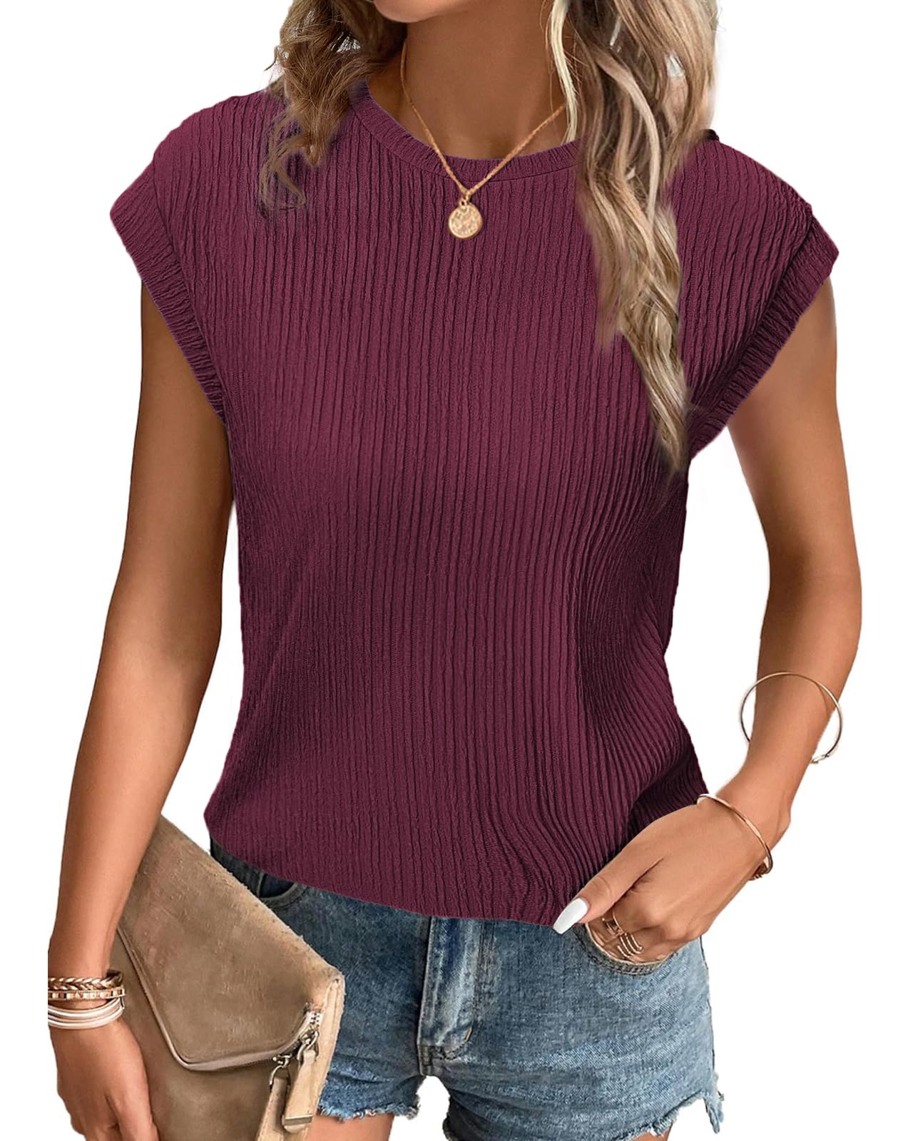 Tanmolo T-Shirt Damen Oberteile Sommer Tank Top mit Flügelärmeln Rundhals Strukturiertes Strickmaterial Unifarben Basic Bluse Elegant Casual