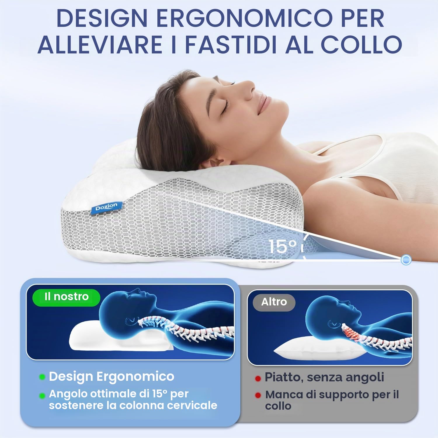 Cuscino Cervicale per Dormire - Cuscino Ortopedico in Memory Foam, Ergonomico, Supporto Collo Fianco/Schiena, Federa Sfoderabile e Lavabile, 58×40×13/10 cm (Cream)
