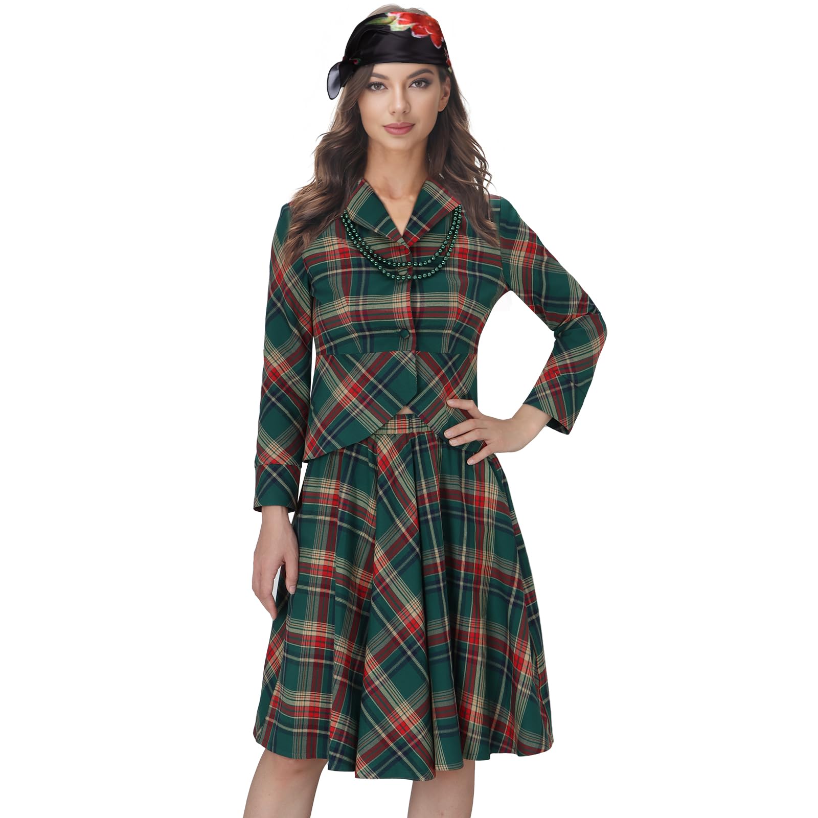 FOCUSOUL Women Aunt Bethany Costume Long Sleeve Plaid Dress Skirt Coat Christmas Suit Set for Vacation Halloween Cosplay