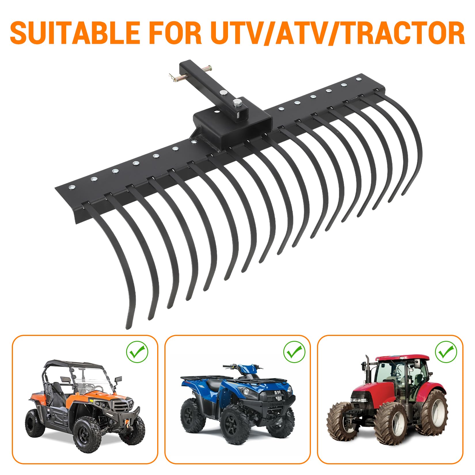 Garvee Schwerlast Landschaftsrechen für Traktor, ATV & UTV – 48" Breite, 17 austauschbare Stahlzinken – Effektive Entfernung von Steinen, Gras, Laub und Schutt – Robuste Bauweise für Garten