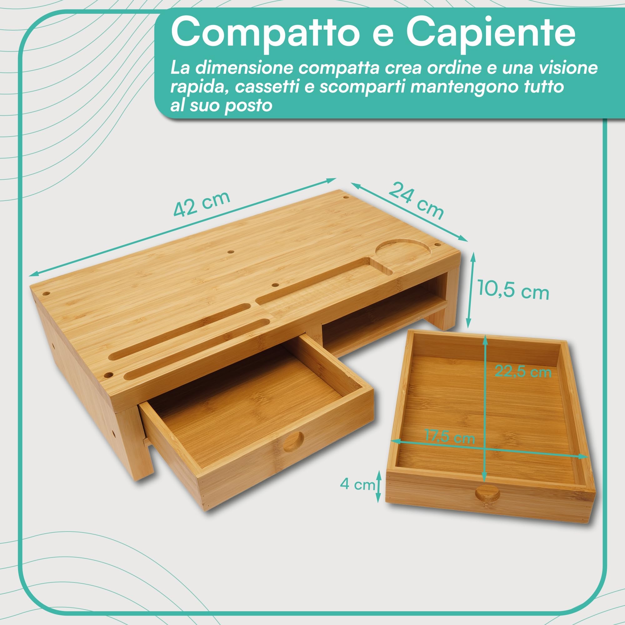 pixly® Supporto per Monitor con Cassetti 42x24x10,5 cm Sollevamento Ergonomico in Legno con Spazio di Archiviazione Organizer da Scrivania in Bambù Sostenibile per Monitor e Computer