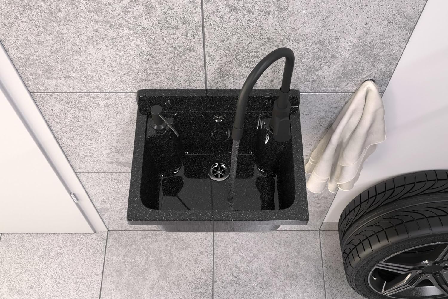 Évier extérieur Buanderie Lavabo extérieur siphon polypropylène noir GRANITAN