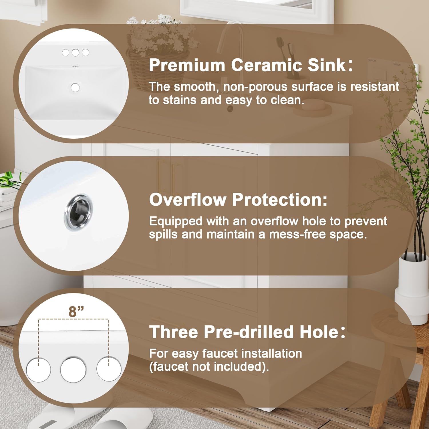 30-inch Bathroom Vanity with Sink, Free Standing Bathroom Vanity Cabinet with One Divided Door, Storage Rack, and 2 Soft-Close Doors, Wooden Vanity Set with Ceramic Sink for Bathroom (White)