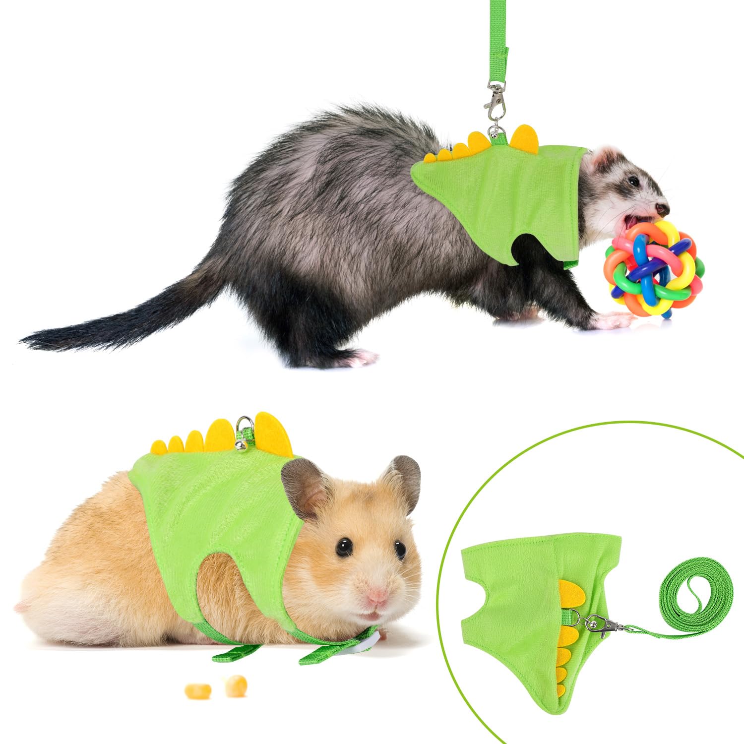 Ensemble Harnais et Laisse pour Furet, Gilet en Forme de Dinosaure Petits Animaux Accessoires de Promenade en Plein Air pour Furet Lapin Hamster Chaton Chiot Petits Animaux