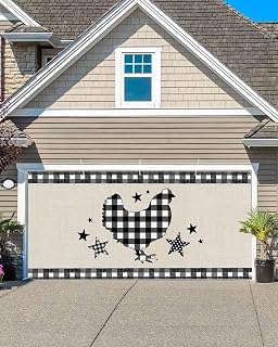 Garage Door Cover Banner 7x8 Ft, Chicken Hen Garage Door Decorations for Christmas/Thanksgiving, Rooster Animals Farmhouse White Black Plaid Vintage Large Hanging Backdrop Covers for Outdoor Holiday