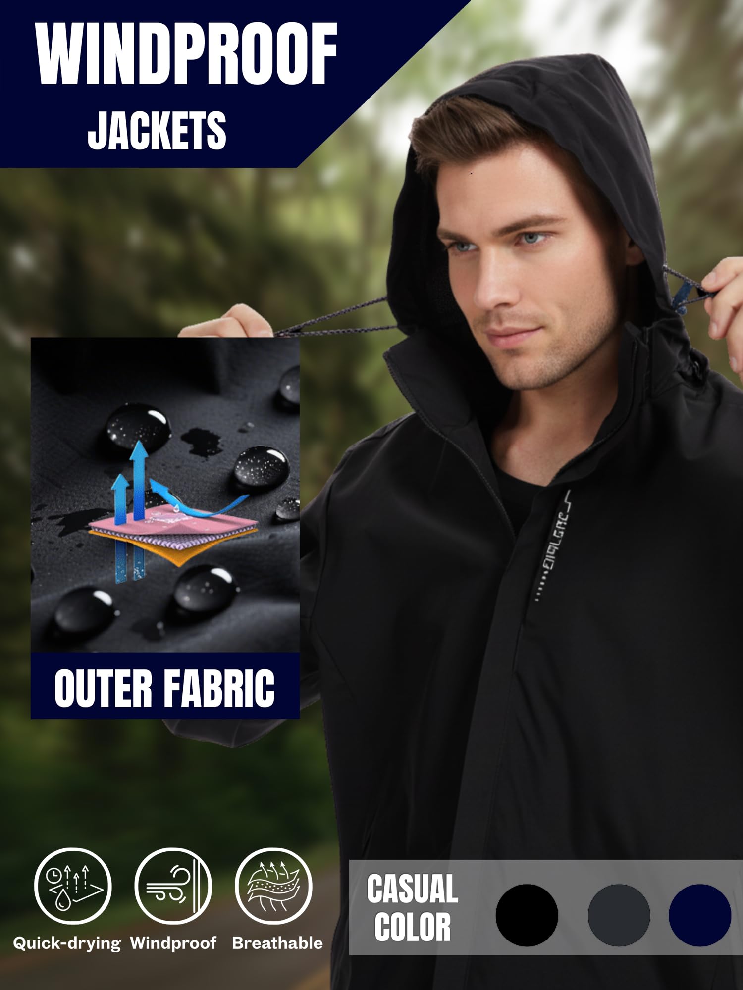 AMZSPORT Homme Veste coupe-vent et imperméable légère à capuche Imperméable Légère et Pliable Respirante pour Randonnée,Running,Voyage,Randonnée
