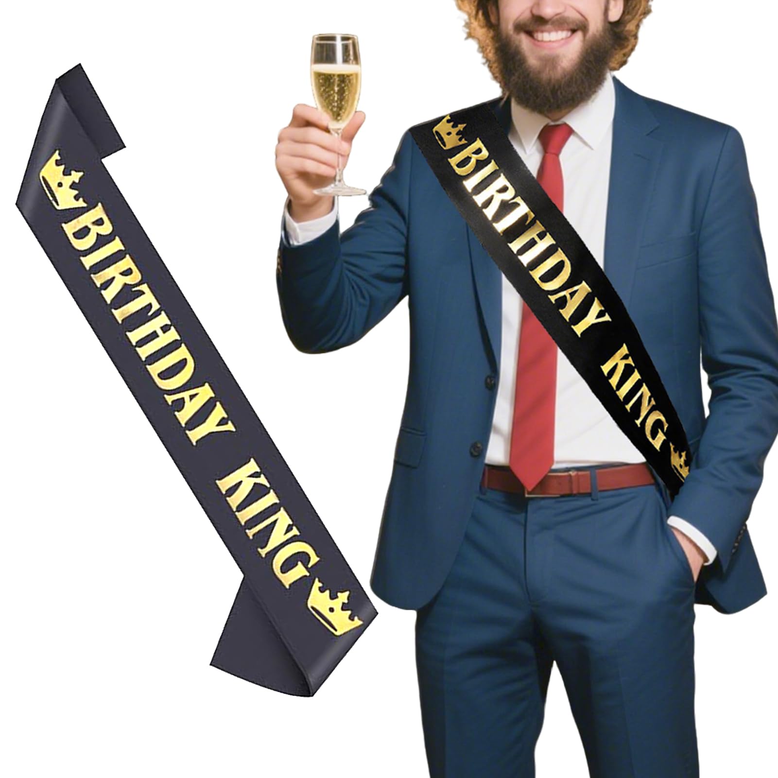 Birthday King Sash, Boy Birthday Party Decoration Supplies - Gold Foil Letter and Black Satin Sash for Men 1pc (Black/Gold)