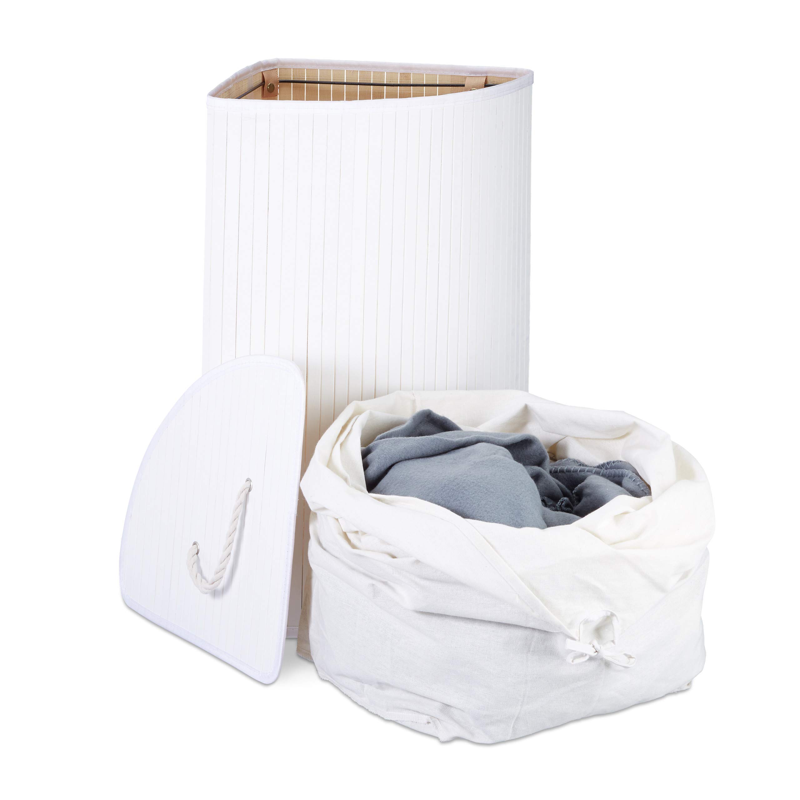 Relaxdays Cesto Ropa Sucia Esquinero, Cubo Colada Plegable con Tapa, Canasta, Bambú, 65 x 49,5 x 37 cm, Color Blanco