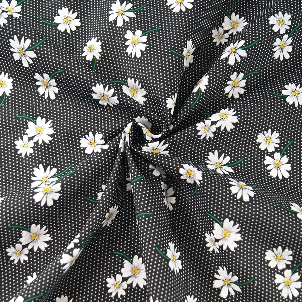 Polycotton Fabric Polka Dot Floating Daisy Flowers Floral Spots Dots (Sold Per Metre) (Black)
