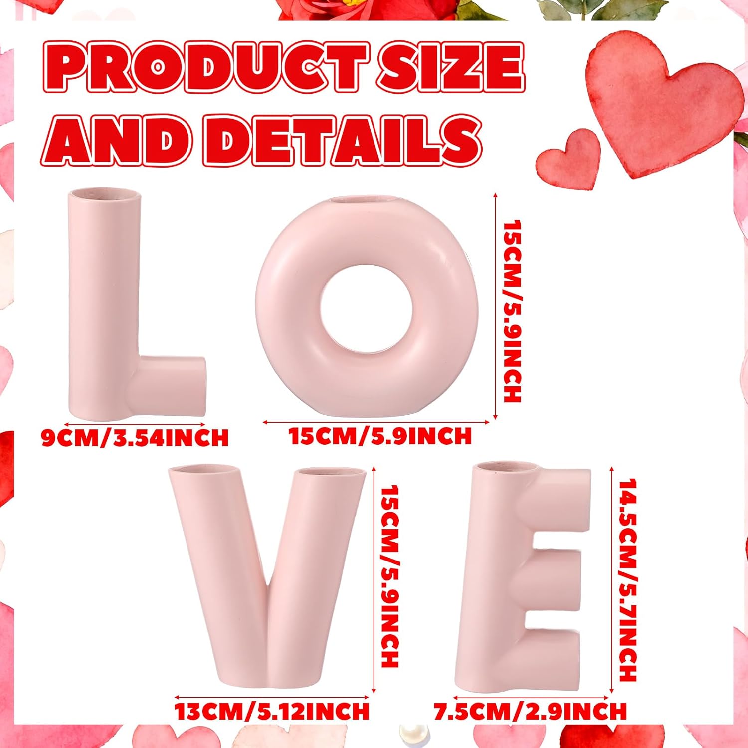 4 Pcs Valentines Love Vases Set Valentine's Day Decoration for Home Pink Love Shaped Resin Vase Small Pink Heart Flower Vases Gift Trendy Centerpiece for Wedding Party Modern Room Farmhouse