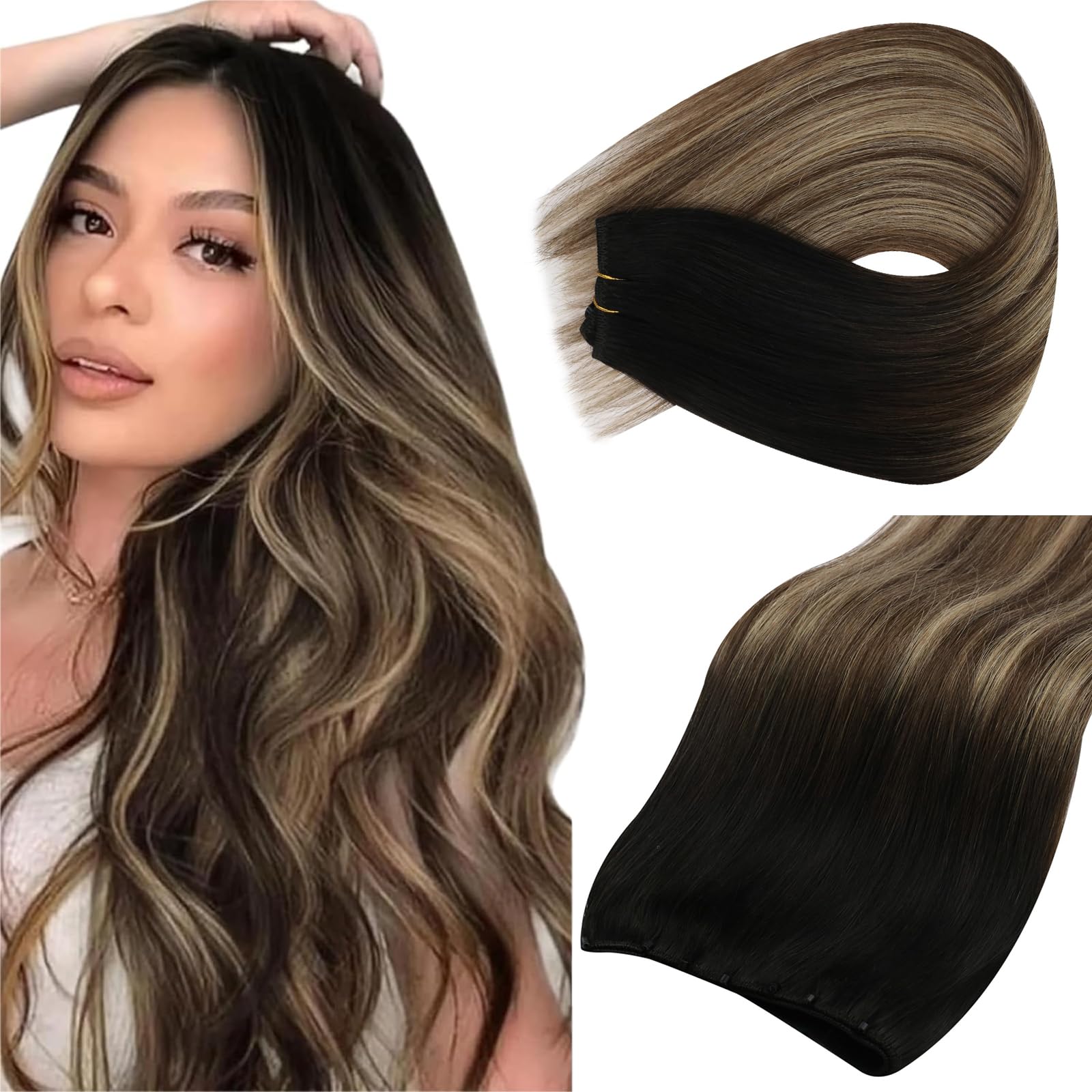 Sunny Hair Beaded Weft Hair Extensions Human Hair Black Ombre 20inch Micro Bead Weft Hair Extensions Real Human Hair Natural Black Roots to Dark Brown