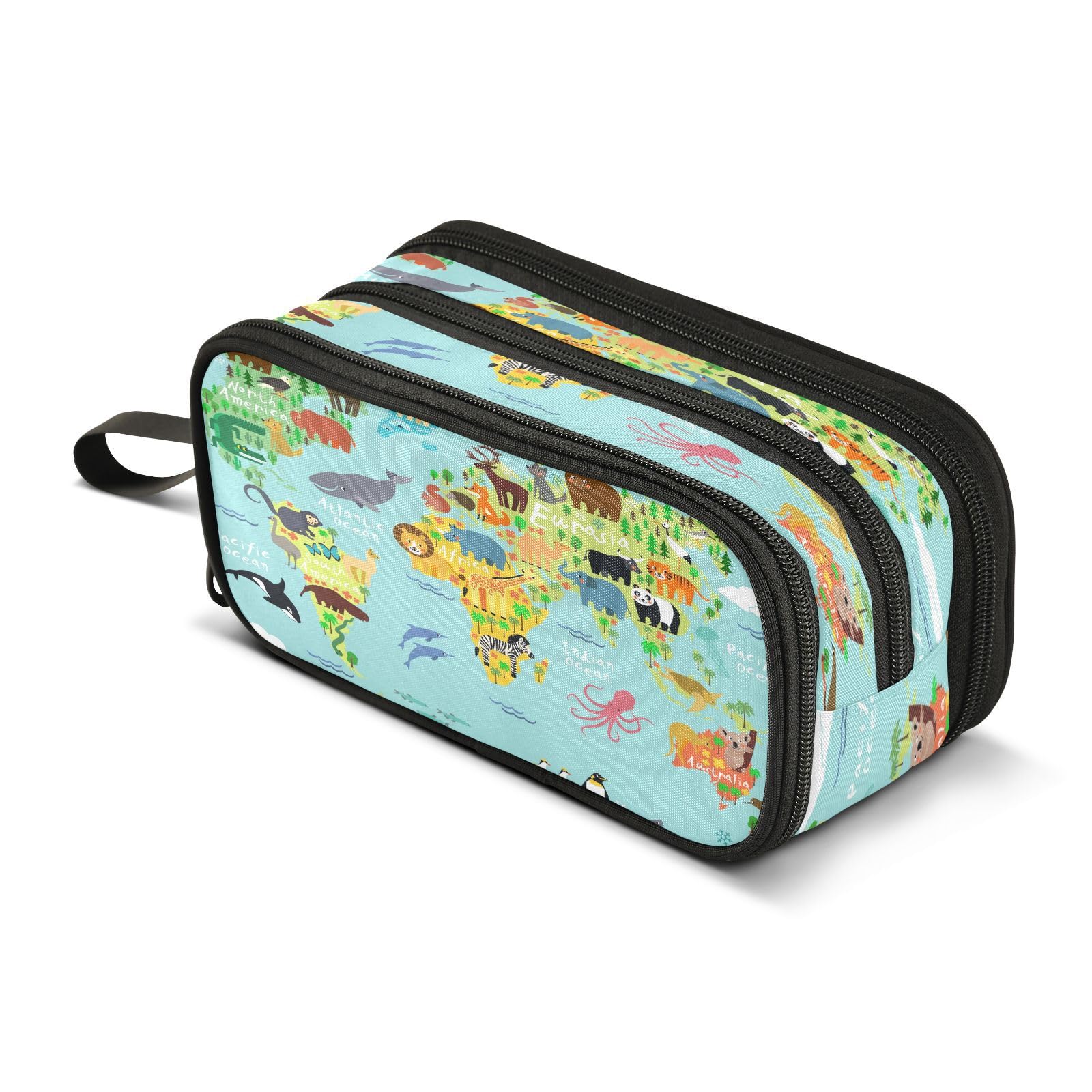 Mnsruu Animals World Map Pencil Case Boys Girls Pen Bag Large Capacity School Office Stationery Organizer Pencil Pouch Holder Zipper Kids Teens Adults — image 1