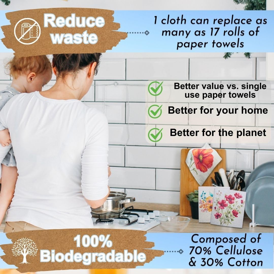 Swedish Dishcloths for Kitchen - Ecofriendly Reusable Paper Towels, Biodegradable Dish Cloths - Cellulose Sponge Dish Cloths for Washing Dishes - 8 Pack (Floral) - Image 2