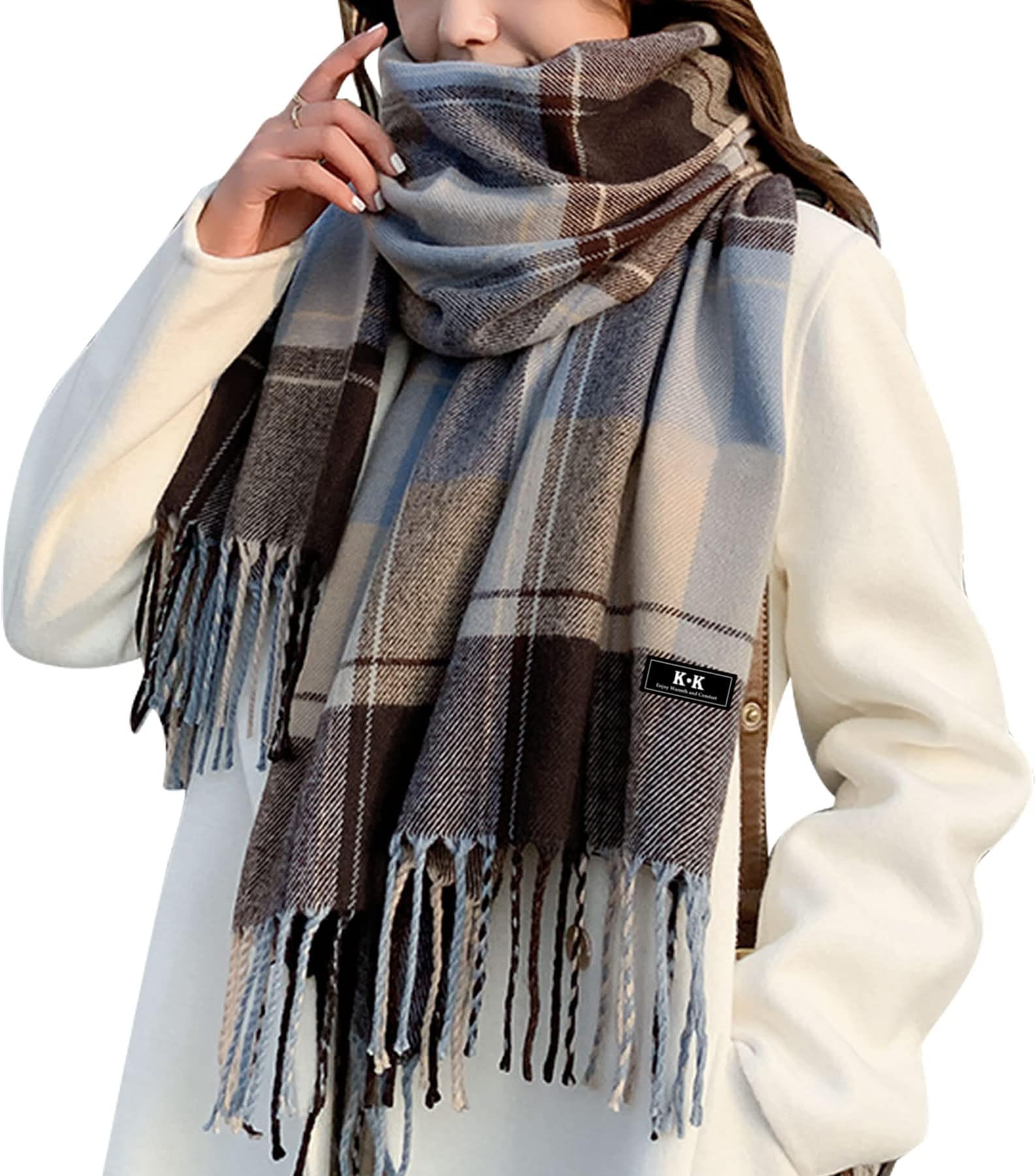 Women Tartan Scarf - Winter Plaid Blanket Scarves Long Soft Warm Tartan Check Scarfs Ladies Wool Spinning Tassel Shawl Stole UK