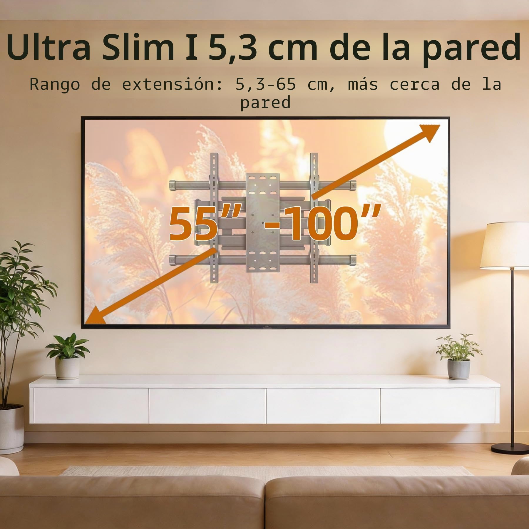 Soporte TV Pared para Pantallas de 55-100 Pulgadas, Ultraplano de 53 mm Soporte Inclinable y Giratorio, con Doble Brazo de Movimiento Completo, MAX VESA 800x600mm DY995