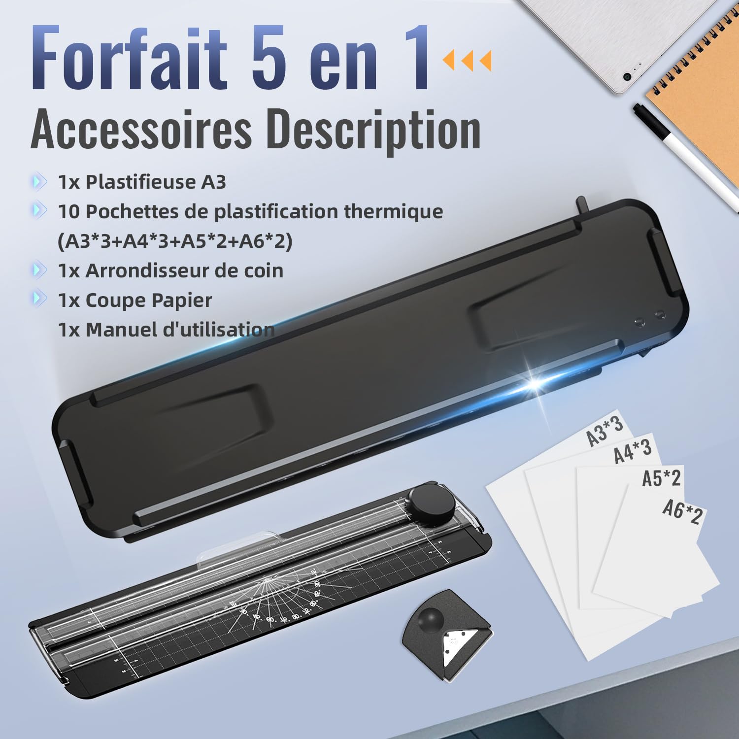 MAXDONE Plastifieuse A3, Plastifieuse, Thermique et à Froid Plastifieuse A3 A4 A5 A6, Pour pochettes de plastification Arrondisseur De Coins, Coupe Papier, 1-2 min Préchauffage Rapide & Pas De Bulles
