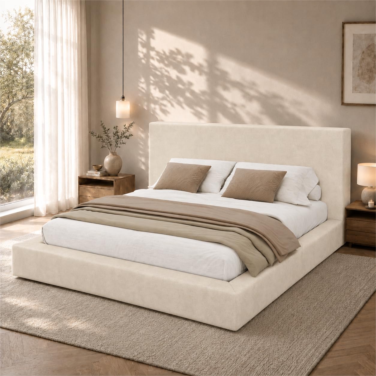 Zepneiy Lit 160x200 avec sommier à Lattes et tête de lit matelassée,Lit Double rembourré avec tête de lit Affiche 12 cm,Chenille Beige(sans Matelas)