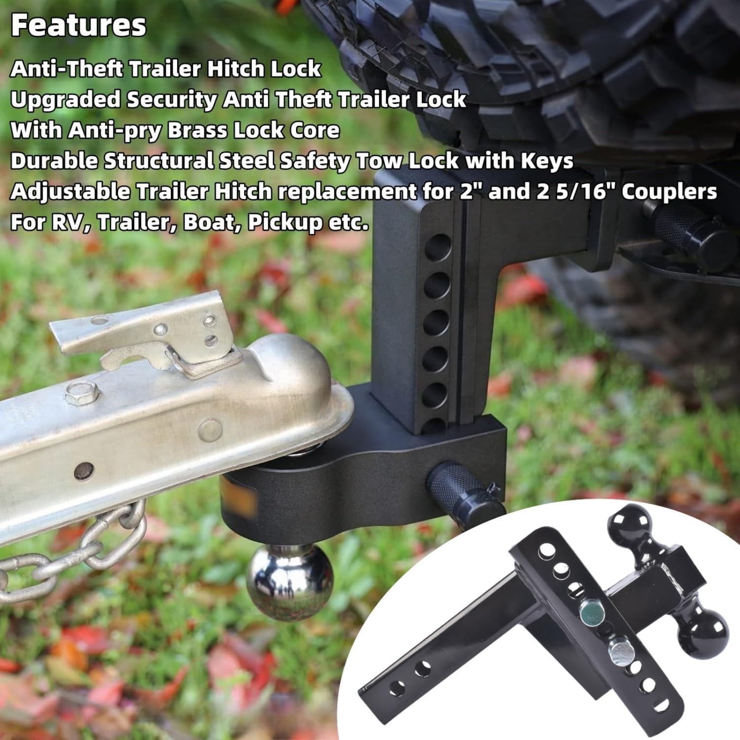 Adjustable Trailer Hitch for Trucks, 2" Receiver with 6" Drop/Rise, 2"& 2-5/16" Balls, 20,000 LBS GTW, Anti-Theft Pin, Black