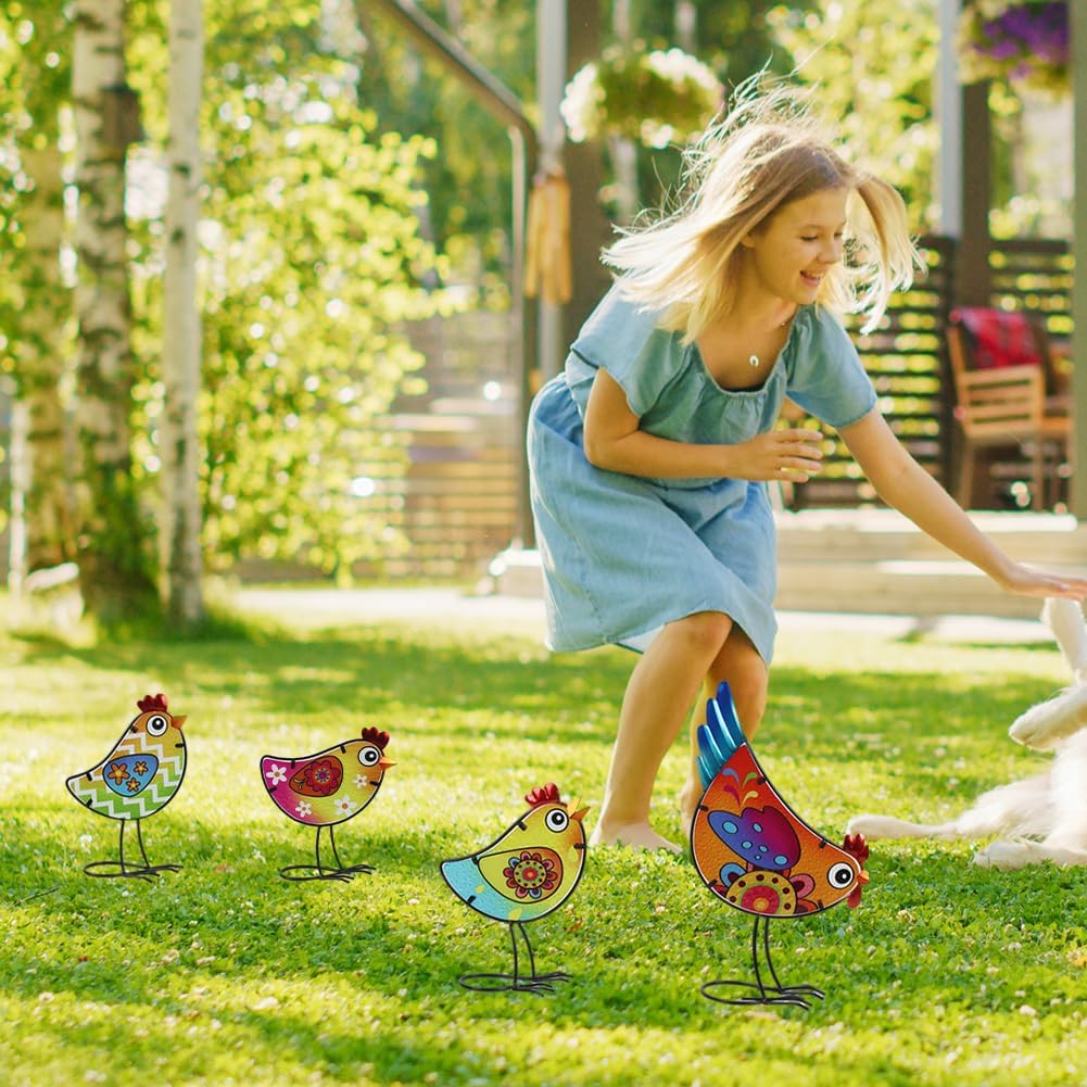 4 Pack Chicken Garden Decor for Outside, Rooster Glass & Metal Yard Art Decoration for Porch Patio, Bird Garden Statues Gifts for Grandma Mom Women (Colorful)