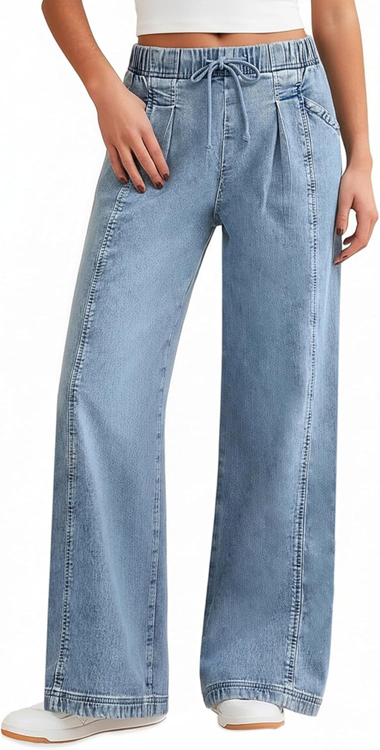 FireSwan Women's Wide Leg Jeans Drawstring High Waisted Baggy Sweatpants Jeans Stretchy Pull On Denim Pants 2026 Trendy