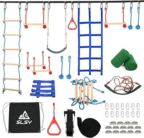 Slsy Carrera de obstáculos Ninja Warrior para niños, kit de línea de floja Ninja duradera de 50 pies con accesorios completos, equipo de juego con