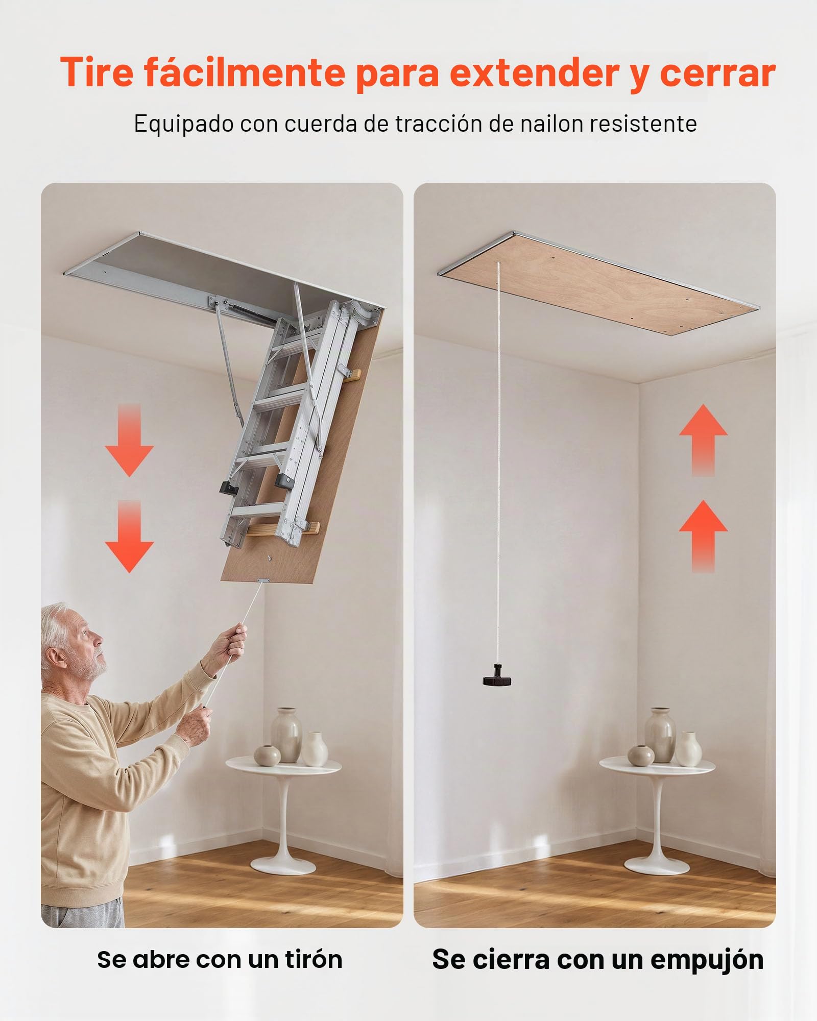 VEVOR Escalera Escamoteable de Aluminio para Techo, Escaleras de Ático Plegable con Trampilla, Cuerda de Tracción, Soporte Hidráulico, Altura Ajustable 2,34–3,15 m, Capacidad 170 kg, Ahorra Espacio