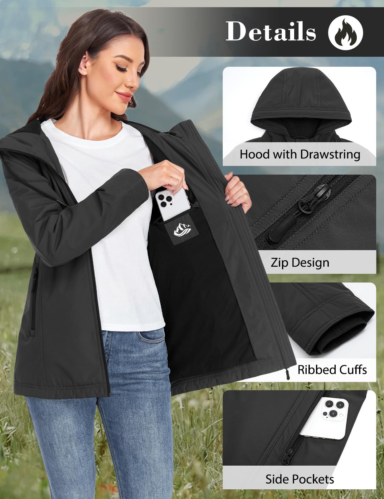 Veste Femme Softshell Imperméable Veste de Randonnée Parka Coupe Vent Blouson Polaire à Capuche Femme Printemps Automne Manteau Zippé d'Extérieur