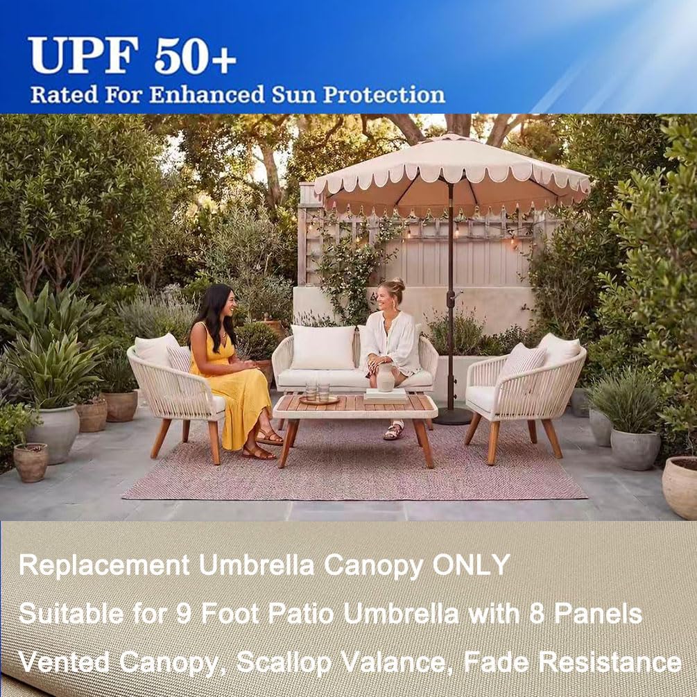 9ft Market Patio Umbrella Replacement Canopy, UV Protective, Fade Resistant, Vented Design for Outdoor Use (Beige)