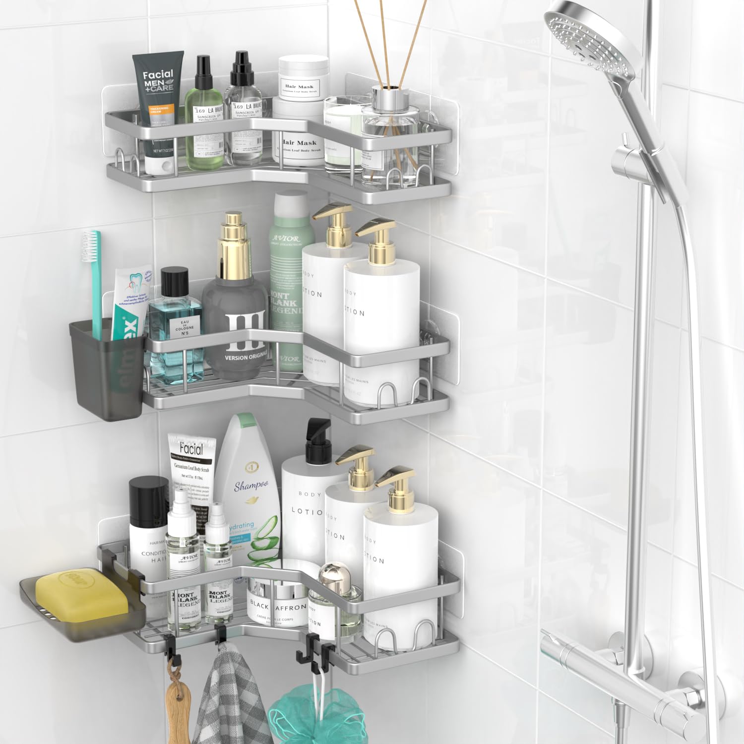 AKTECKE Organizador de ducha esquinero para baño: estante adhesivo para ducha, estantes para bañera, paquete de 3 estantes de ducha sin taladrar para ducha interior, organizador de bañera de acero