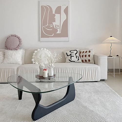 Miniatura 73 de Pequeña mesa auxiliar ovalada de cristal, mesa moderna triangular para sala de estar, centro negro, base de madera maciza y parte superior