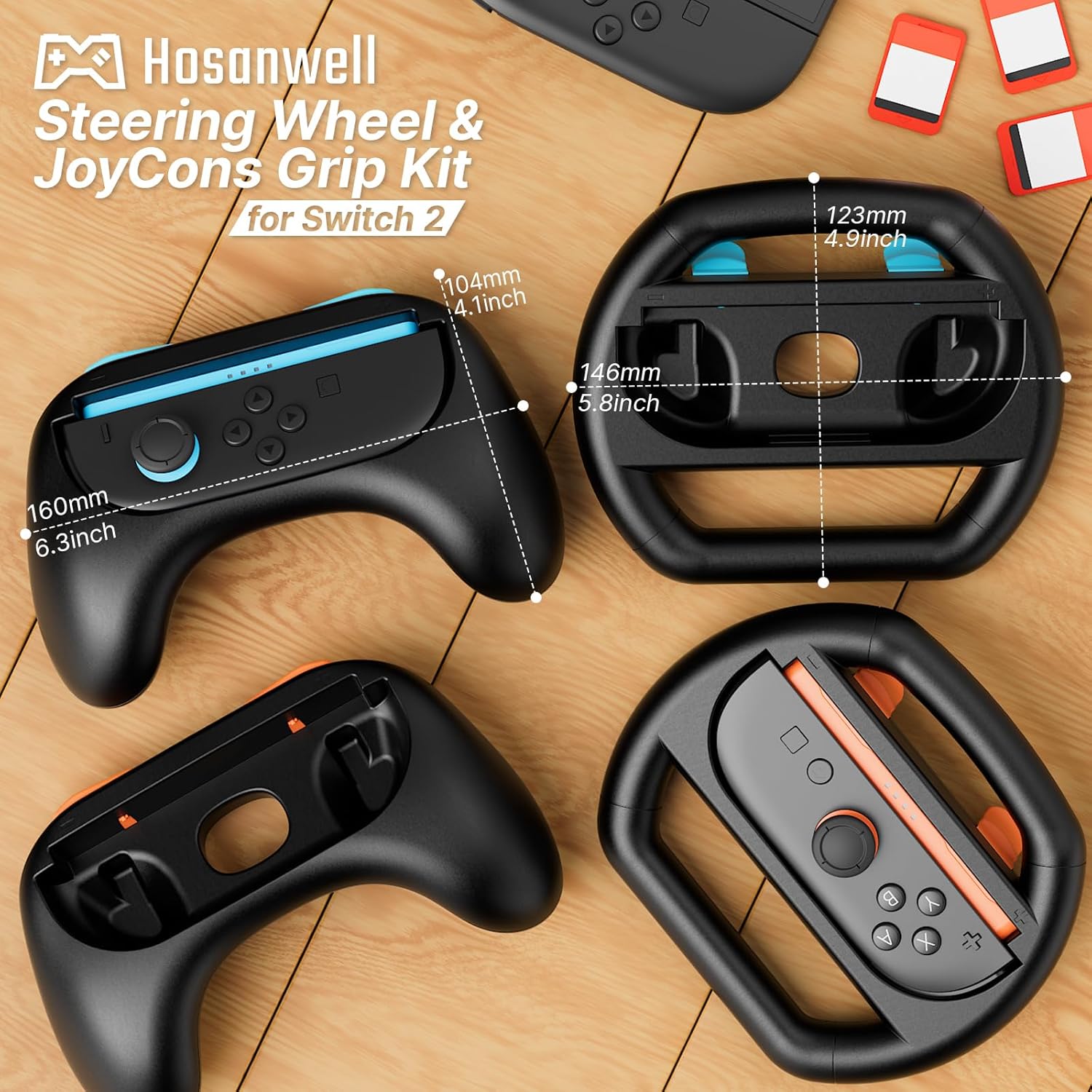Hosanwell Switch 2 Steering Wheel & JoyCons Grip Kit - 2-in-1 Pro Controller Accessories Compatible with Switch 2 (2025) Console - Ergonomic Design for Enhanced Gaming Experience