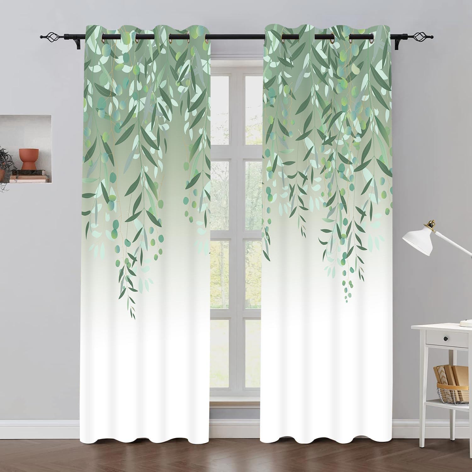 Sage Green Eucalyptus Leaves Floral Curtains Botanical Ombre Green Kitchen Window Curtain Gradient Watercolor Plant Wildflower Farmhouse Leaf Modern Drapes for Bedroom Living Room 2 Panels, 42x84in