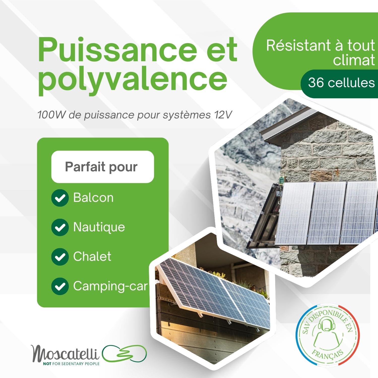 MOSCATELLI 100W Panneau Solaire Monocristallin pour Batteries 12V - Demi-Cellules à très Haute Performance PERC 9BB 166 x 75 - Tension 21V
