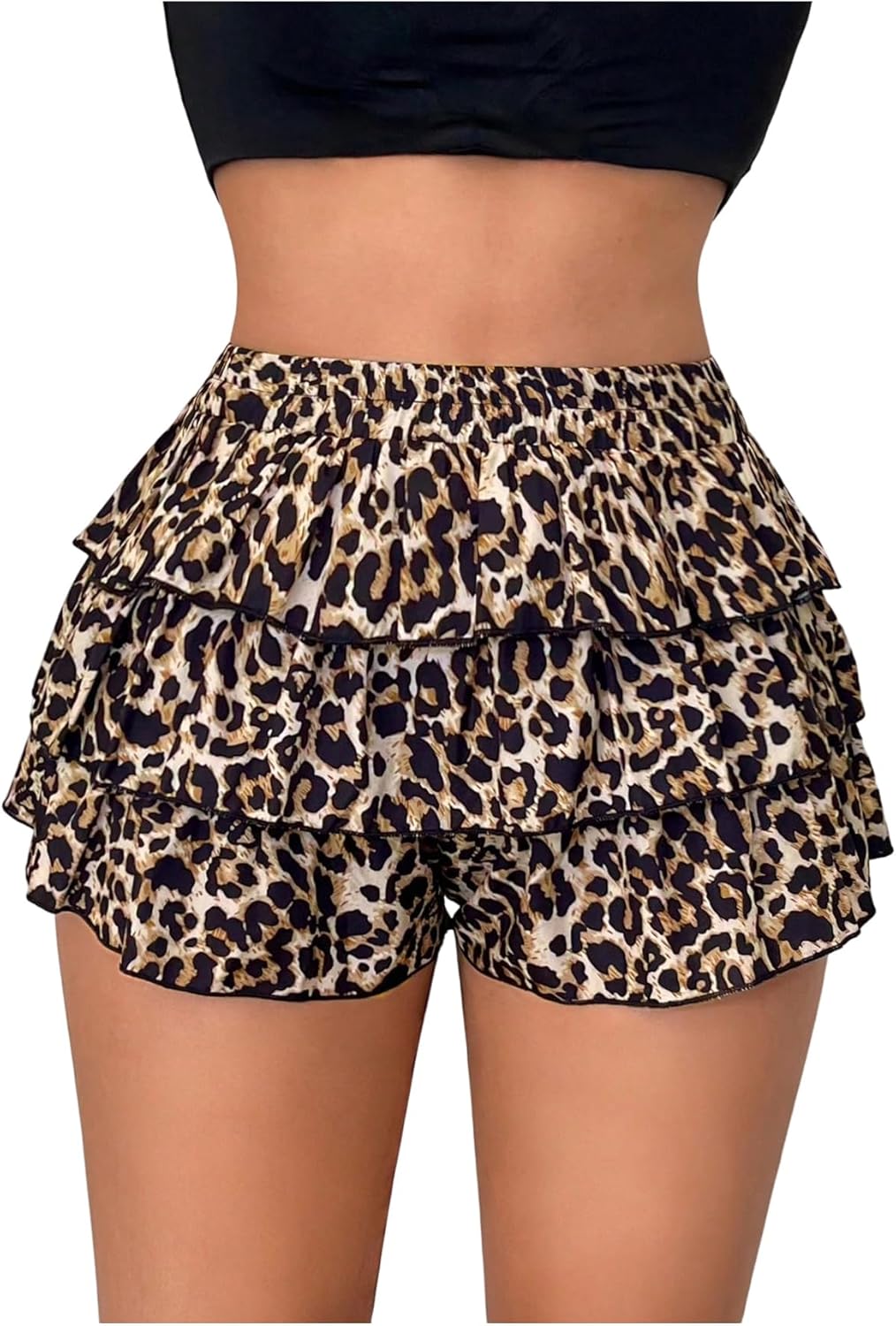 Women's Leopard Mini Shorts Y2k Cheetah Elastic Waist Layered Ruffle Shorts