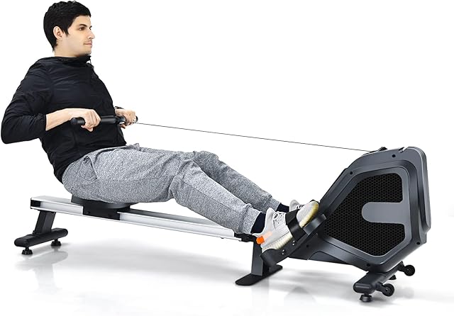 COSTWAY Foldable Rowing Machine, Indoor Magnetic Rower with LCD Monitor, Double Aluminum Slide Rail, 8 Level Adjustable Resistance, Exercise Machines for Home Gym