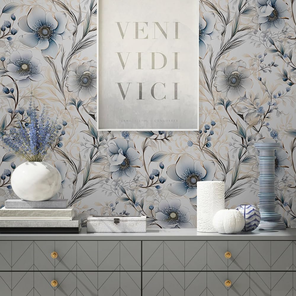 Silver Floral Grey/Blue/White Poppy Flowers Peel and Stick Wallpaper Easy Peel Off Contact Paper Stick on Adhesive Wall Paper for Bathroom Waterproof Renter Friendly