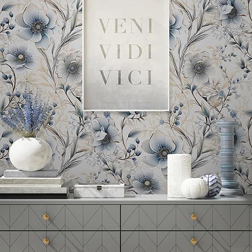 Miniatura 4 de Papel tapiz de flores plateadas de amapola grisazulblanco, fácil de despegar, papel adhesivo adhesivo para baño, impermeable, apto para inquilinos