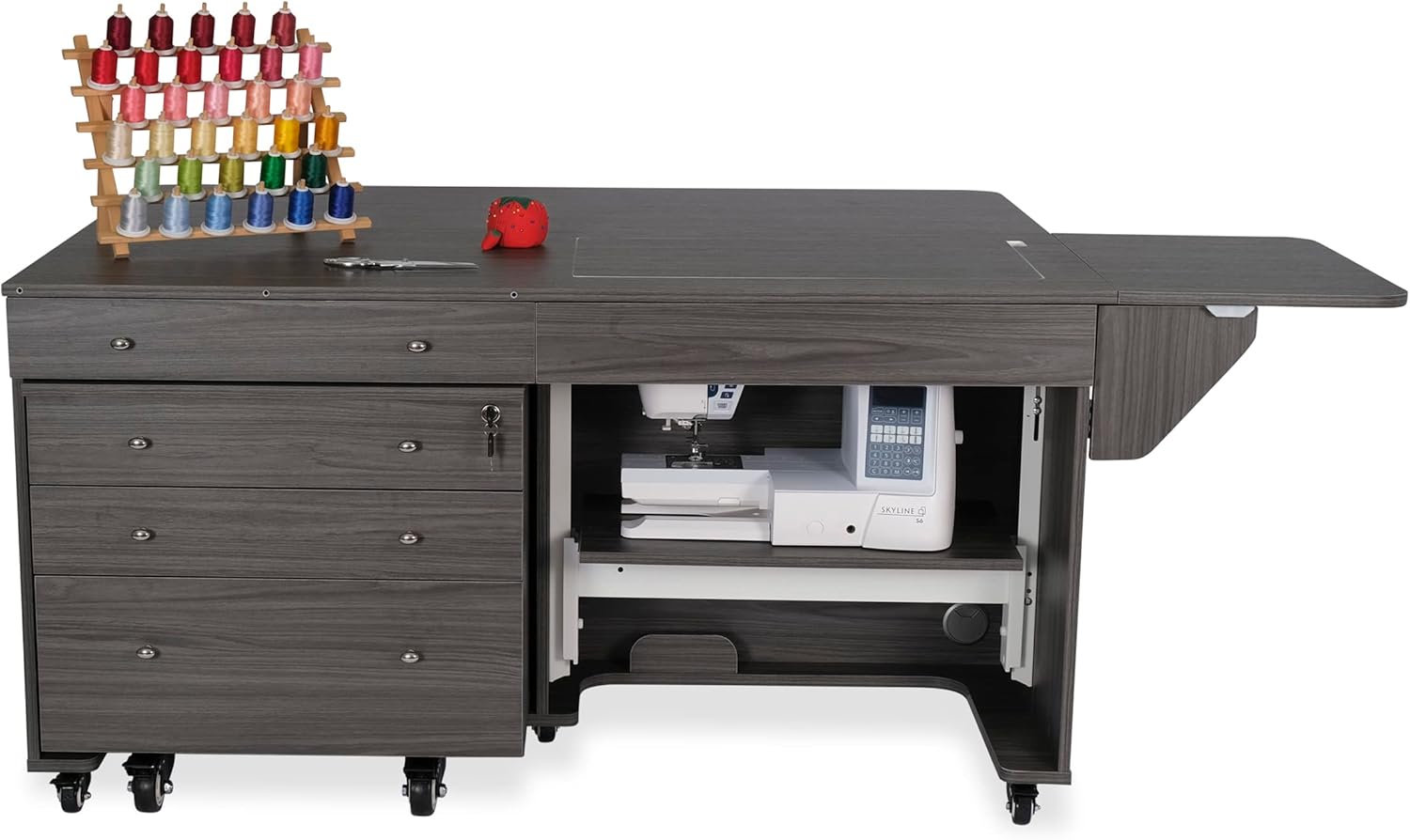 Gray Hydraulic Lift Sewing Cabinet with Rolling Storage Caddy