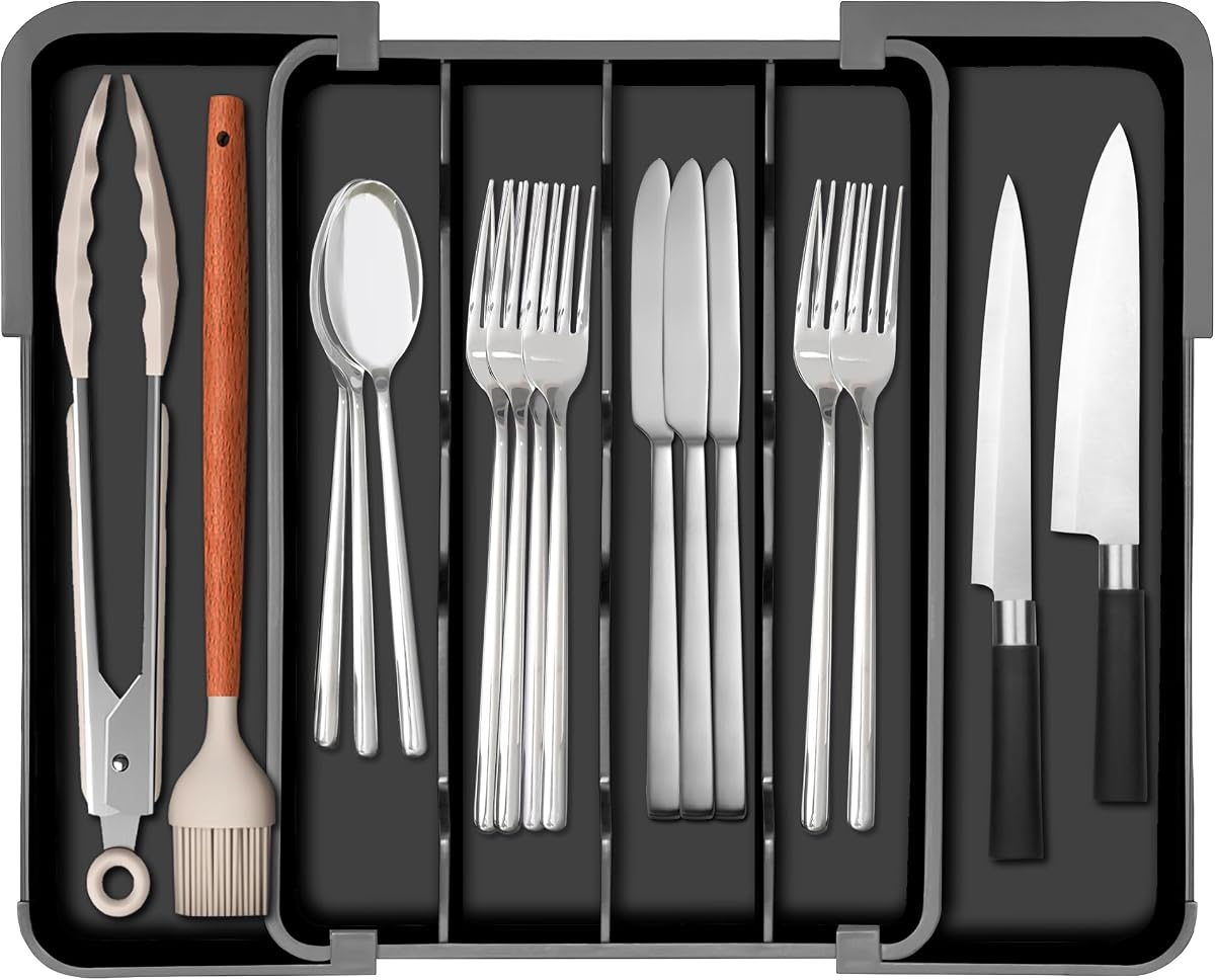 Homecor Organizador de cubiertos – Organizador de cajones de cocina expandible, soporte para utensilios, cubertería y cubertería sin BPA para cucharas, tenedores, cuchillos, organizador de cocina de plástico y almacenamiento