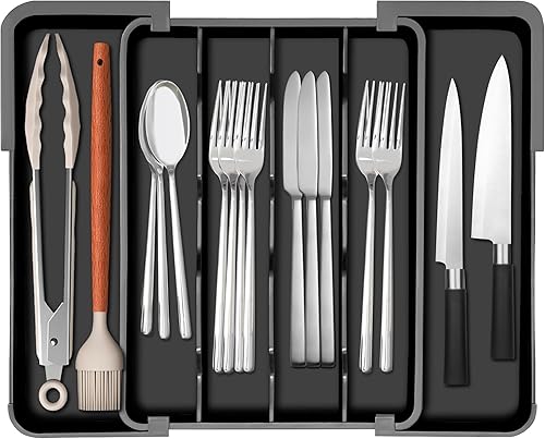 Miniatura 10 de Homecor Organizador de cajones de cubiertos para cocina, organizador de cajones ajustable para utensilios, bandeja de cubiertos y cubiertos,