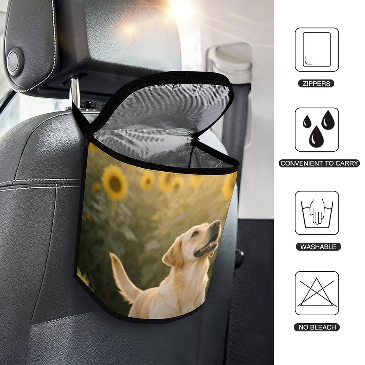 YHNNH Portable Vehicle Garbage Cans with Lid Dogs and Sunflowers Hanging Trash Storage Bin Leak Proof for Cars SUV Truck