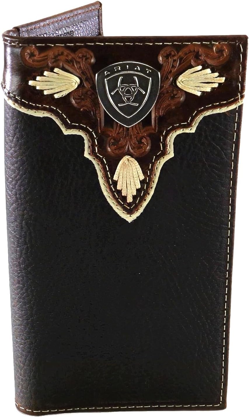 ARIAT Men's Rodeo Wallet, Medium Brown Distressed Leather with Embossed Overlay and Ivory Trim, Silver Logo Concho