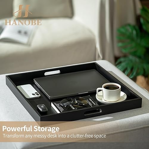Miniatura 6 de Hanobe - Bandeja Otomana para Sala de Estar: Moderna Bandeja de Servir Extra Grande Negra Decorativa con Asas de Recorte para Mesa de Café,