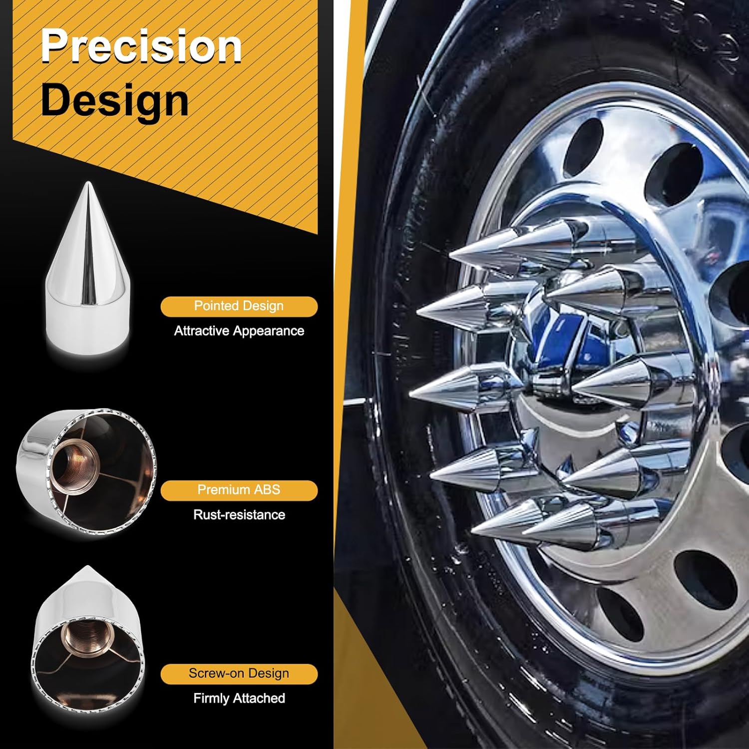 20Pcs Lug Nut Covers 33mm x 4 1/4" Spike Nut Covers ABS Chrome Plastic Screw On Pointed Nut Cover Caps for Semi Trucks