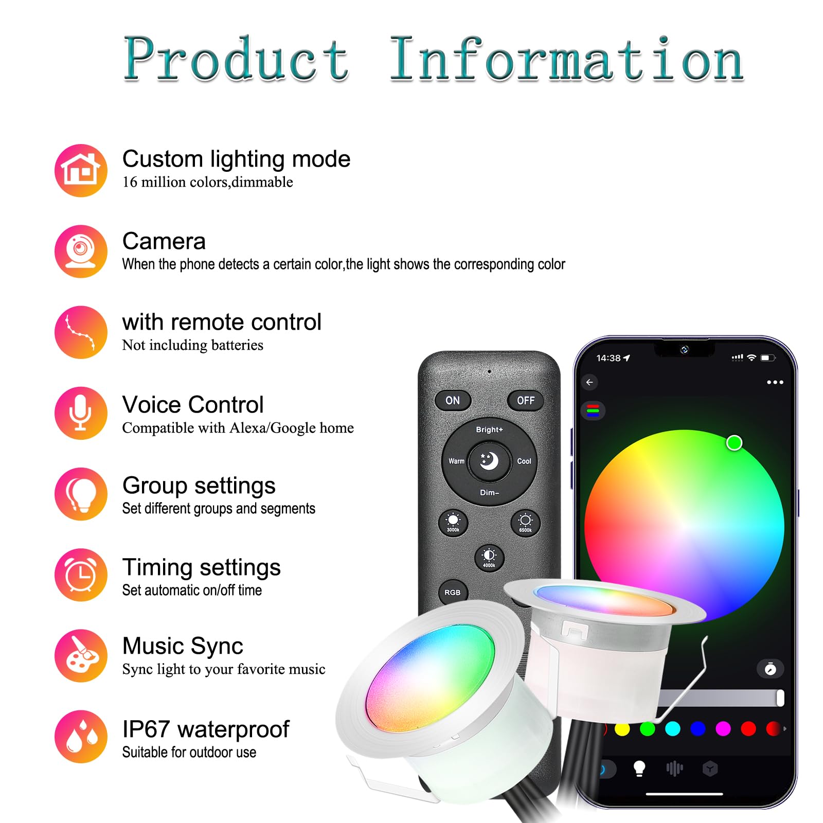 GEYUEYA Home WiFi Led Decking Lights RGB Waterproof IP67 Multicolor diameter 30MM 12V WiFi Function LED Deck Lights with Remote Control for Terrace/Patio/Path - Image 4