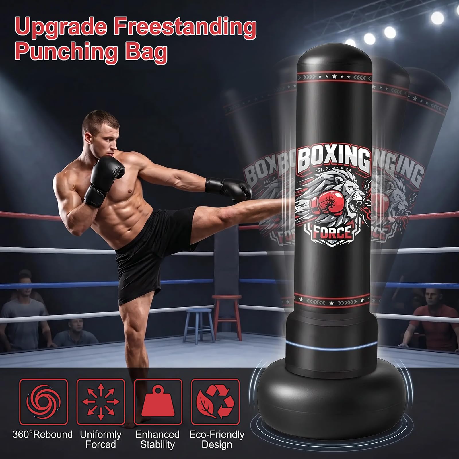 Qoosea Sacco da Boxe da Terra 190cm, Stabile Sacco da Boxe per Adulti Pungiball con Guantoni e Pompa, Sacchi da Box Gonfiabile per Pratica di TaekwondoKarate MMA Fitness